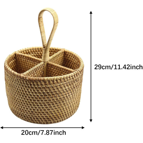 Rustic Rattan Cutlery Holder Kitchen Utensil Organizer with Handle for Flatware and Silverware 2