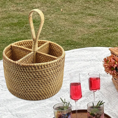 Rustic Rattan Cutlery Holder Kitchen Utensil Organizer with Handle for Flatware and Silverware 1