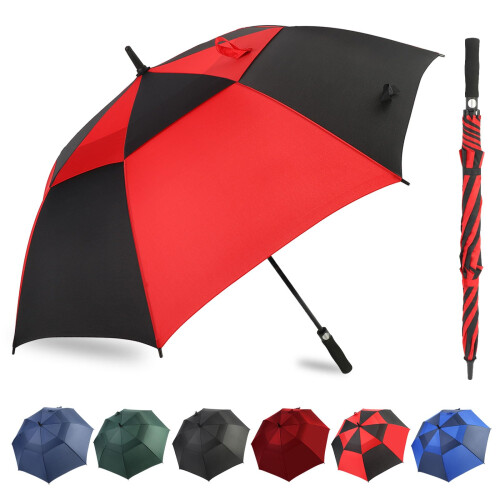Golf Umbrella Extra Large Windproof Double Canopy Automatic Open Waterproof 62 Inch Black Red