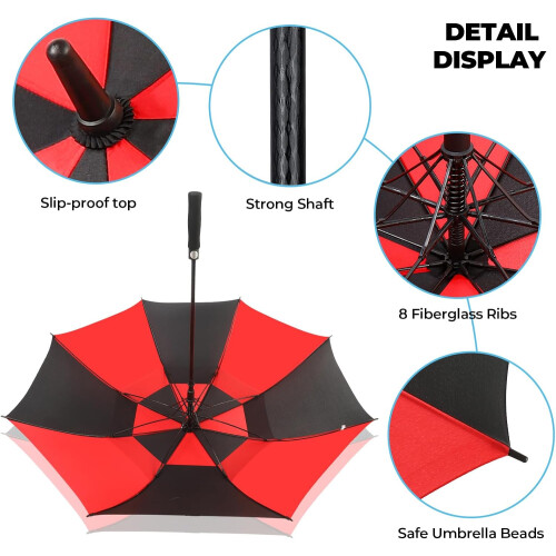 Golf Umbrella Extra Large Windproof Double Canopy Automatic Open Waterproof 62 Inch Black Red 2