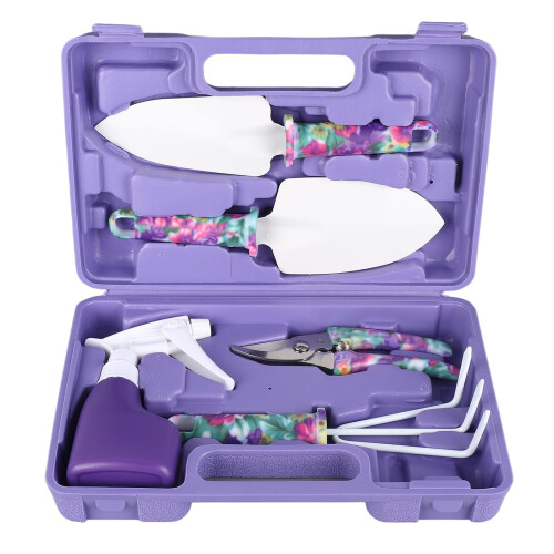 5 Piece Garden Tool Set with Storage Box, Ergonomic Planting and Pruning Kit, Durable Iron Tools