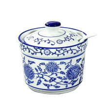 Ceramic Sugar Bowl and Spice Jar Set with Lid and Spoon, Blue White Kitchen Storage 300ml