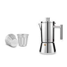 Stainless Steel Espresso Cups Set 5oz Brushed Silver with 6 Cup Stovetop Espresso Maker Bundle