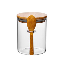 Glass Sugar Bowl with Wooden Lid and Spoon, Clear 20oz Spice Jar for Kitchen Storage
