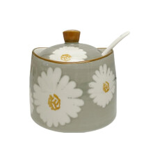 Ceramic Sugar Bowl with Lid and Spoon 8.45oz Romantic Floral Design Grey GiftReady