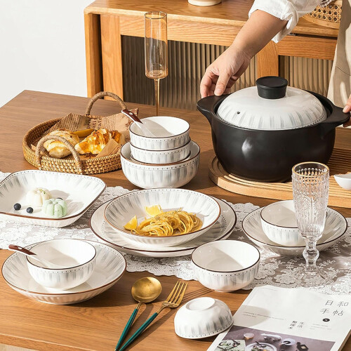 Ceramic Dinnerware Set with Large Serving Spoon, European Style Striped Tableware, Microwave Safe 1