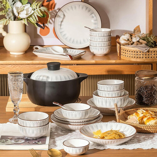 Ceramic Dinnerware Set with Large Serving Spoon, European Style Striped Tableware, Microwave Safe 2