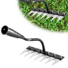 Heavy Duty Carbon Steel Garden Rake with Sharp Seven Teeth, 2 in 1 Lawn and Soil Weeding Tool