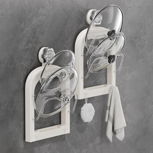 Pot Lid Organizer Adjustable Wall Mounted Rack with Suction Cup Space Saving Kitchen Holder Cream 2