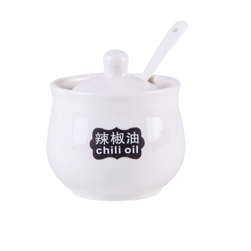 Sugar Bowl Ceramic Spice Jar with Lid and Spoon, Cute HandDrawn Pattern White 200ml