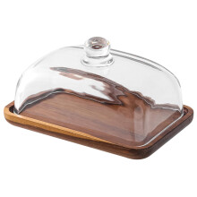 Butter Dish with Lid Large Glass Container with Clear View and Wooden Base for Countertop or Fridge