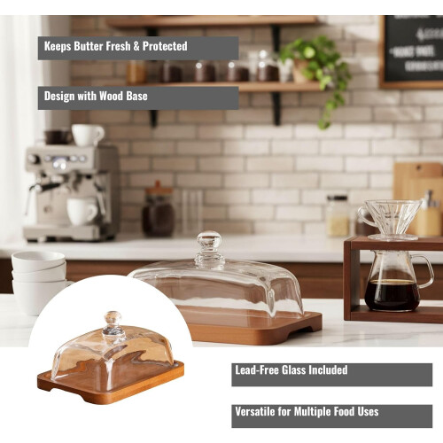 Rectangular Wooden Butter Dish with Clear Glass Lid for Kitchen Storage and Elegant Table Display 1