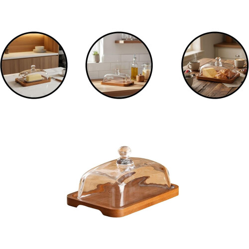 Rectangular Wooden Butter Dish with Clear Glass Lid for Kitchen Storage and Elegant Table Display 2