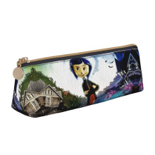 Coraline Triangle Pen Pouch, Black Leather Pencil Holder, Portable Zipper Case for Fountain Pens, Markers, Makeups, Coins - Gift for Adults, Men,