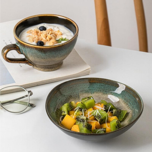 Ceramic Salad Bowl Retro Irregular Design Stackable for Kitchen Noodle Fruit Snack Serving 2