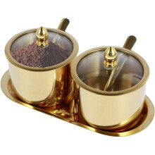 Gold Stainless Steel Sugar Bowl with Glass Lid and Spoon, Rustproof Condiment Jar with Tray