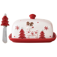 Ceramic Butter Dish with Lid Christmas Tree Reindeer Design and Stainless Steel Knife