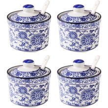 Porcelain Sugar Bowl with Spoon, Blue White Ceramic Sugar Pot, Airtight Bamboo Lid, Set of 4