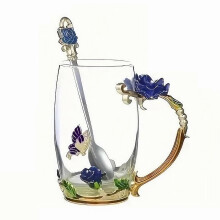 Glass Tea Cup with Spoon, Elegant 3D Butterfly Rose Design, Enamel Coffee Mug Gift for Women