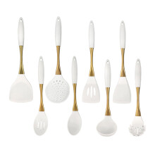 8Piece Silicone Kitchen Utensils Set with Gold Stainless Handles, Heat Resistant Nonstick Cooking Tools