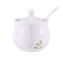 Sugar Bowl Ceramic with Lid and Spoon, White Porcelain Jar HandDrawn Pattern for Kitchen and Coffee Bar