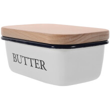 Enamel Butter Dish with Wooden Lid, Rectangular Keeper for Fresh Storage in Fridge or Countertop