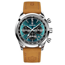 (Yellow skin - White steel - Green face) Multifunctional three-eyed six-finger quartz watch for men - fashionable timepiece