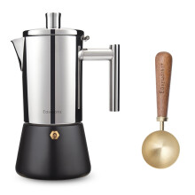 Stainless Steel Moka Pot 12 Cup Brushed Gold Stovetop Espresso Maker with Walnut Heat Resistant Handle