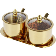 Stainless Steel Sugar Bowl Set with Spoon and Glass Lid, Polished Gold Condiment Container for Kitchen Spices