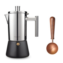 Stainless Steel Moka Pot 6 Cup Stovetop Espresso Maker Rose Gold with Ergonomic Walnut Handle