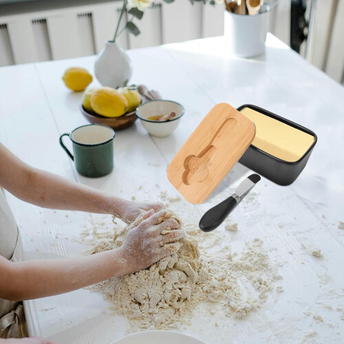 Ceramic Butter Dish with Wooden Lid and Cutter, Rectangular Butter Keeper for Kitchen Storage 2