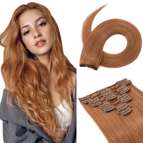 Extensões de cabelo com presilhas castanho-avermelhadas claras de 10 polegadas, conjunto completo de cabelo humano Remy liso de 8 peças