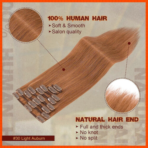 Extensões de cabelo com presilhas castanho-avermelhadas claras de 10 polegadas, conjunto completo de cabelo humano Remy liso de 8 peças 1
