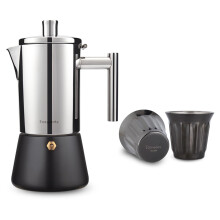 Espresso Cups Set of 2 Gunmetal Double Wall with 12 Cup Stainless Steel Induction Moka Pot