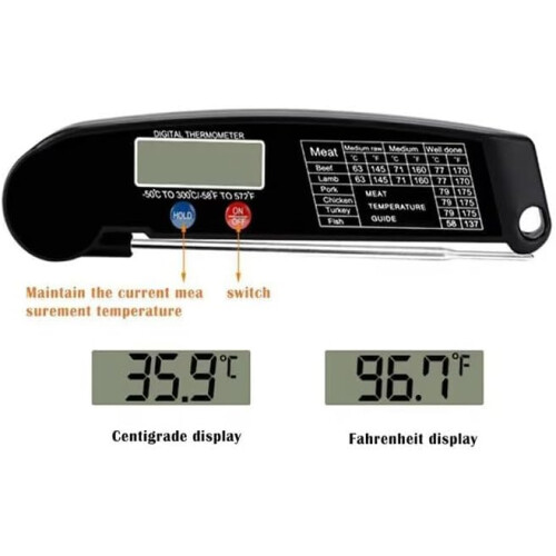 Digital Meat Thermometer with Foldable Probe, Waterproof Backlit LCD for Kitchen Cooking BBQ 1