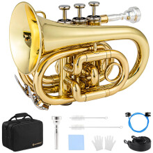 Bb Pocket Trumpet Gold Lacquer with 7C Mouthpiece, Case and Kit for Student Beginners