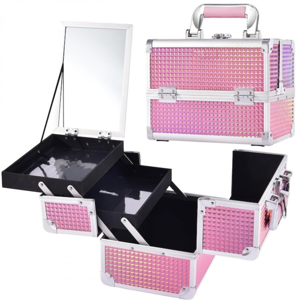 Portable Cosmetic Box with Extendable Cantilever Tray, Locking Makeup Case with Easy Cleaning Design, Makeup Train Case with Mirror Attached and