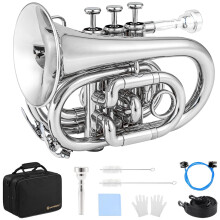 Nickel Bb Brass Pocket Trumpet for Beginners with 7C Mouthpiece Case Gloves Clear Bright Tone