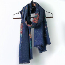 (Rose flower blue) Fringed imitation cashmere women's fall winter scarf blanket wrap shawl stole warm soft