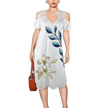 (2XL) Holiday Off-the-shoulder Short-sleeved Elegant Floral Lace Midi Dress