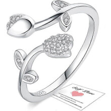 Olive Branch/Tulip/Leaf Cubic Zirconia Rings for Women,925 Sterling Silver Open Adjustable Rings for Girls