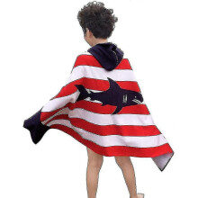 (Red Striped Shark) Kids Hooded Bath Beach Towel 100% Cotton Super Soft Children's Towel Swimming Girls Boys