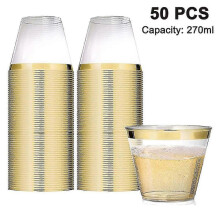 (50Pcs) 50pcs Plastic Cup 9 Oz Hard Disposable Cup Transparent Glass Party Camping