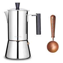 Stainless Steel Espresso Maker 6 Cup Moka Pot, Induction Safe with Rose Gold Walnut Handle Spoon