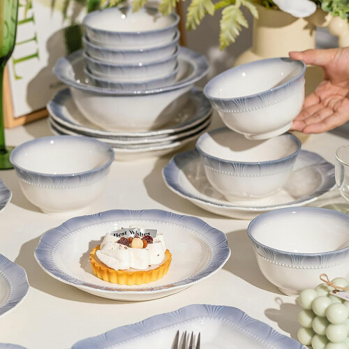 Ceramic Dinnerware Set Blue Lace Rice Bowl and Plate Microwave Dishwasher Safe Scratch Resistant 1