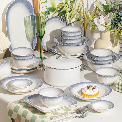 Ceramic Dinnerware Set Blue Lace Rice Bowl and Plate Microwave Dishwasher Safe Scratch Resistant 2