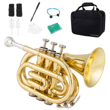 Pocket Trumpet Bb Brass with 7C Mouthpiece, Gold Finish, Hard Case and Accessories for Beginners