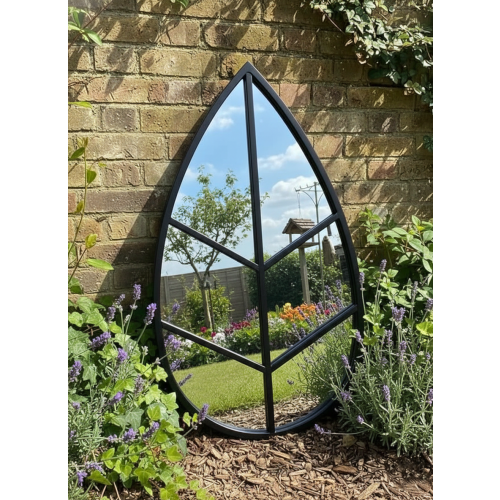 Leaf Shape Garden Wall Mirror Black Frame 76x42 Cm