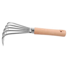 Garden Hand Rake with Wooden Handle, Stainless Steel Handheld Cultivator for Soil Loosening