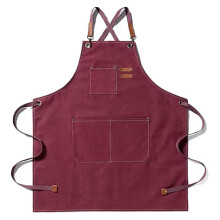 Burgundy Cotton Cross Back Apron with Utility Straps and Triple Pocket Canvas Bib Design